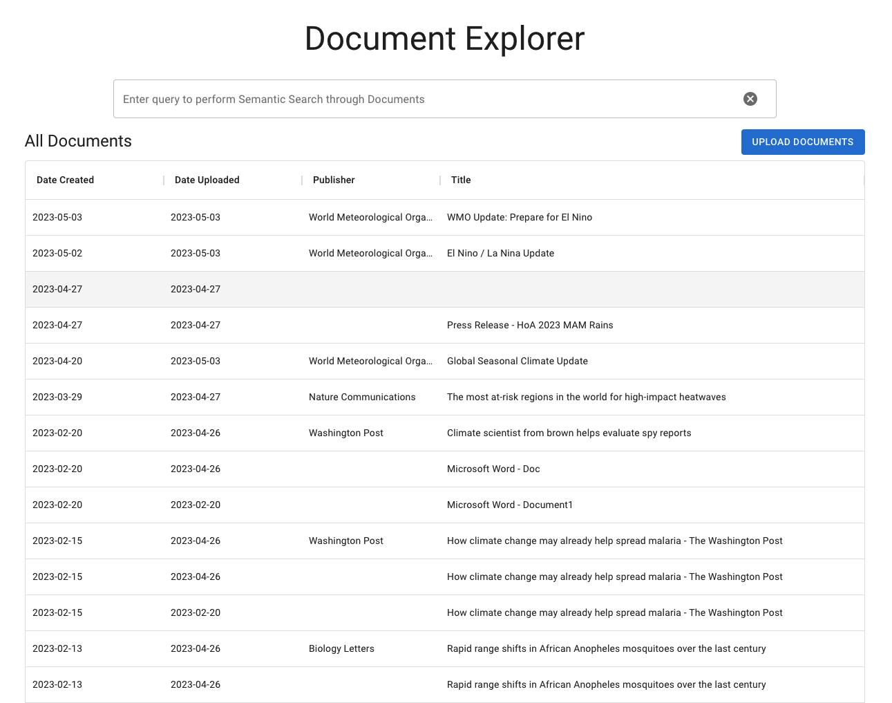 Document Explorer Table
